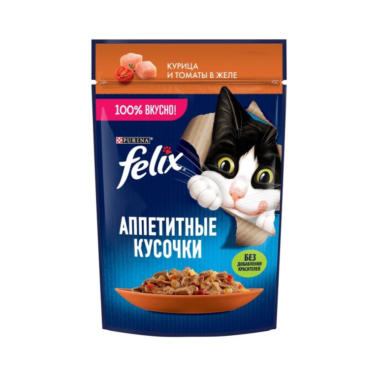 Корм для кошек FELIX Аппетитные кусочки с курицей и томатами в желе пауч 75г