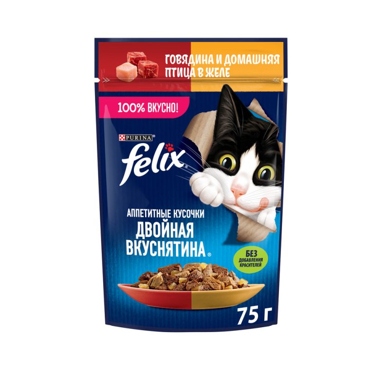Корм для кошек FELIX Двойная Вкуснятина с говядиной и птицей пауч 75г Корм для кошек FELIX Двойная Вкуснятина с говядиной и птицей пауч 75г
