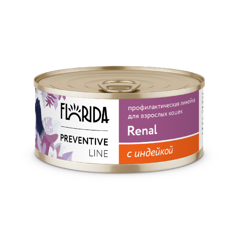 Корм для кошек FLORIDA Renal профилактика хронической почечной недостаточности, индейка банка 100г