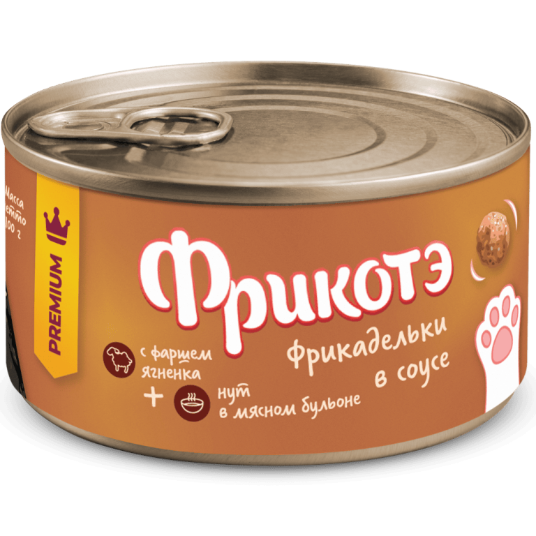 Корм для кошек ФРИКОТЭ фрикадельки с фаршем ягнёнка и нутом в мясном бульоне банка 100г