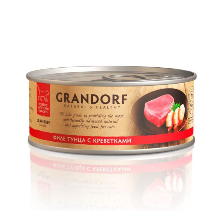 Корм для кошек GRANDORF Филе тунца с креветками банка 70г Корм для кошек GRANDORF Филе тунца с креветками банка 70г