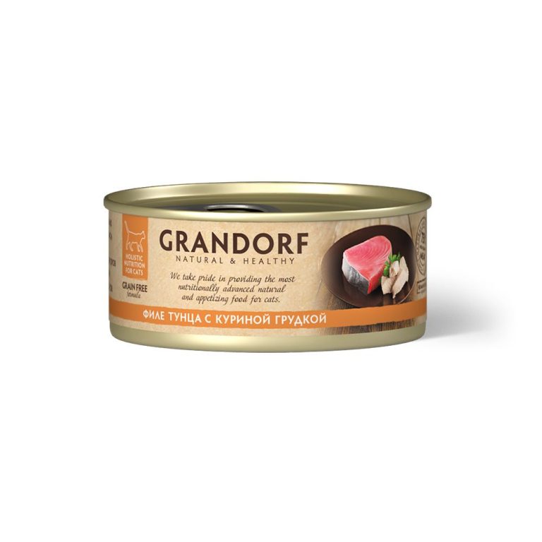 Корм для кошек GRANDORF Филе тунца с куриной грудкой банка 70г Корм для кошек GRANDORF Филе тунца с куриной грудкой банка 70г