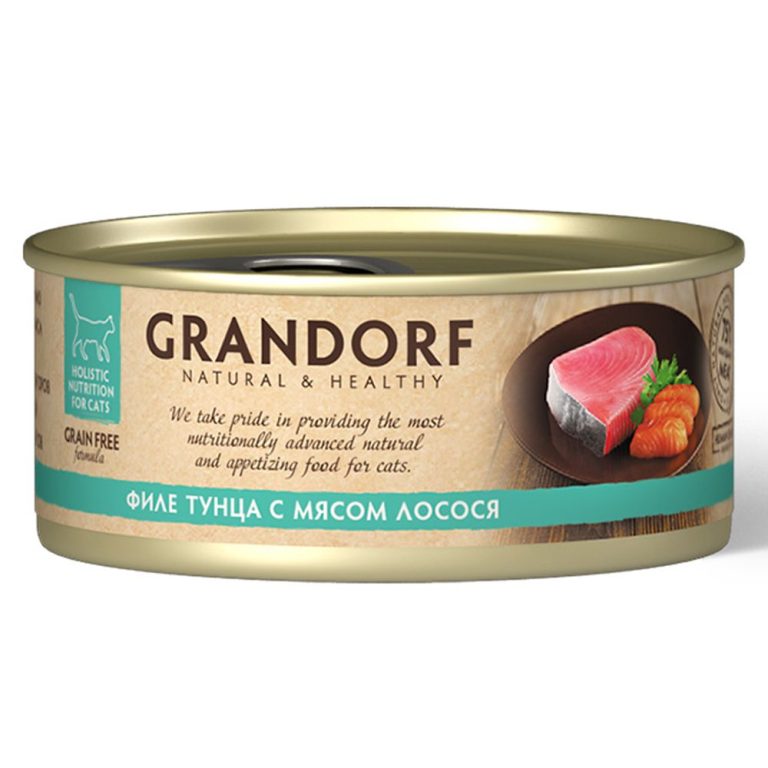 Корм для кошек GRANDORF Филе тунца с мясом лосося банка 70г