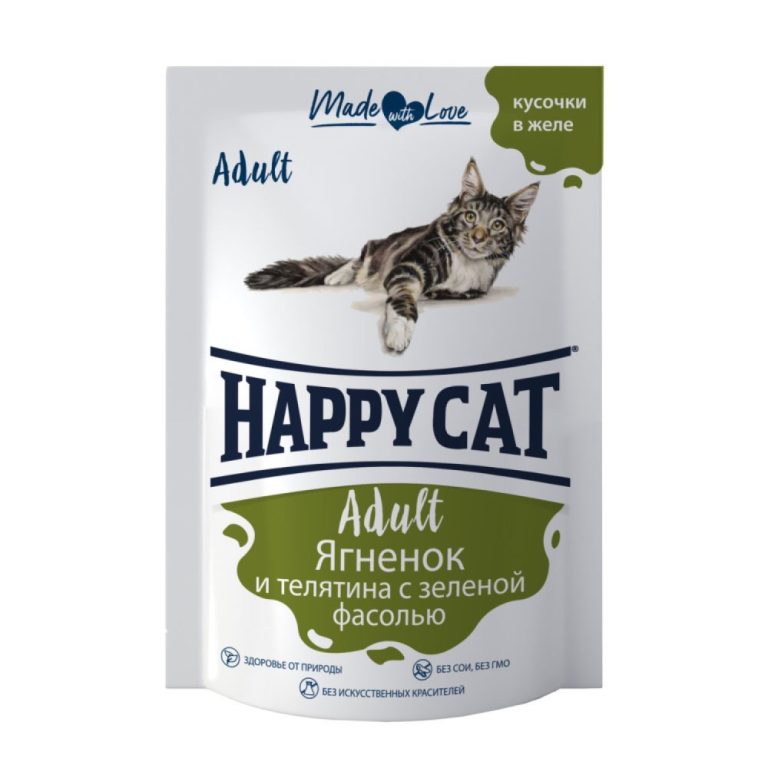 Корм для кошек HAPPY CAT ягненок с телятиной и зеленой фасолью кусочки в желе пауч 85г Корм для кошек HAPPY CAT ягненок с телятиной и зеленой фасолью кусочки в желе пауч 85г