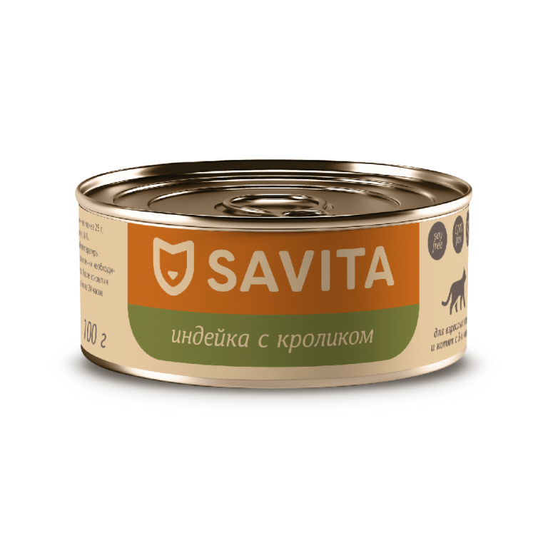 Корм для кошек и котят SAVITA Индейка с кроликом банка 100г Корм для кошек и котят SAVITA Индейка с кроликом банка 100г