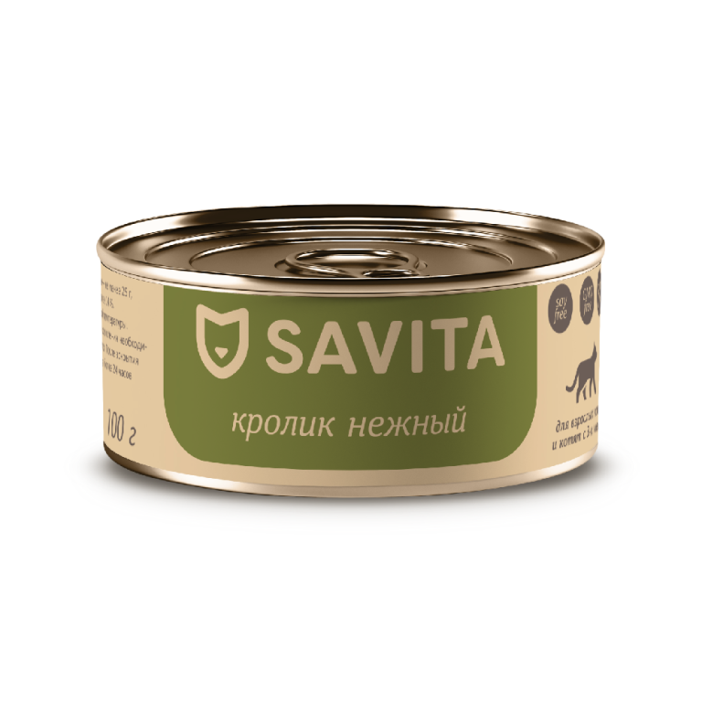 Корм для кошек и котят SAVITA Кролик нежный банка 100г Корм для кошек и котят SAVITA Кролик нежный банка 100г
