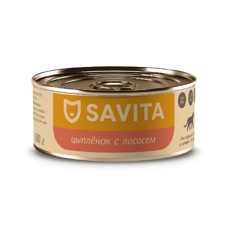 Корм для кошек и котят SAVITA Цыплёнок с лососем банка 100г