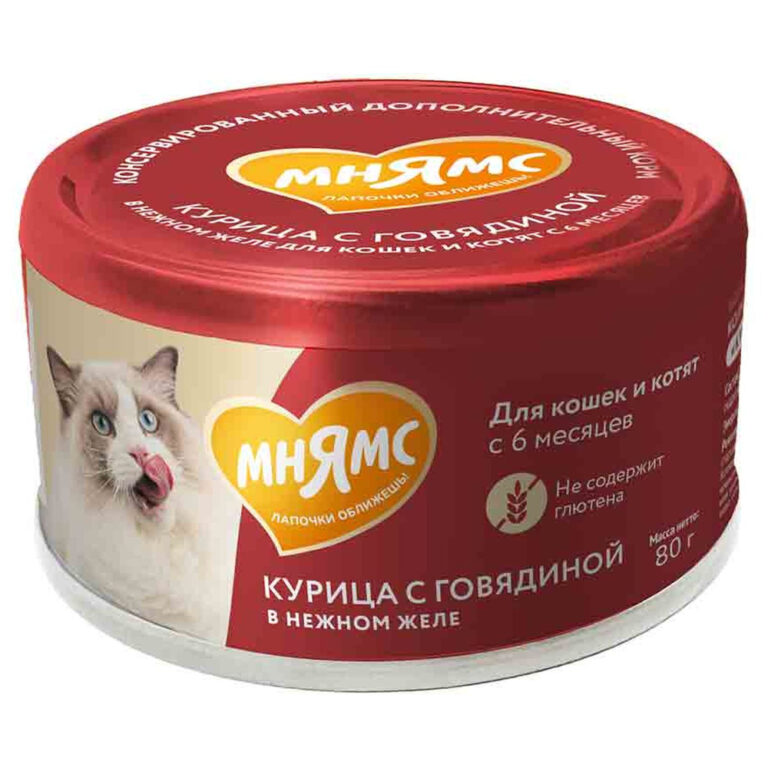 Корм для кошек и котят старше 6 мес. МНЯМС дополнительный, курица с говяд. в нежном желе банка 80г