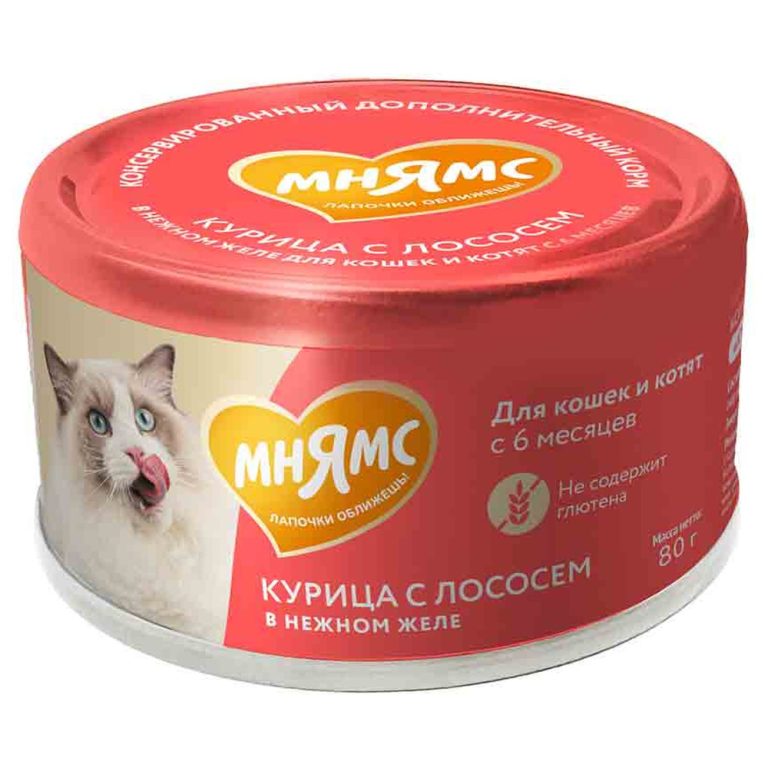 Корм для кошек и котят старше 6 мес. МНЯМС дополнительный, курица с лососем в нежном желе банка 80г Корм для кошек и котят старше 6 мес. МНЯМС дополнительный, курица с лососем в нежном желе банка 80г