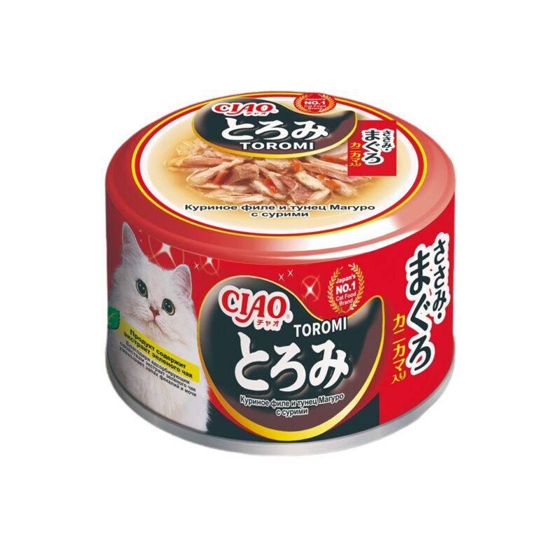 Корм для кошек INABA Ciao Toromi куриное филе с тунцом Магуро и сурими в бульоне банка 80г