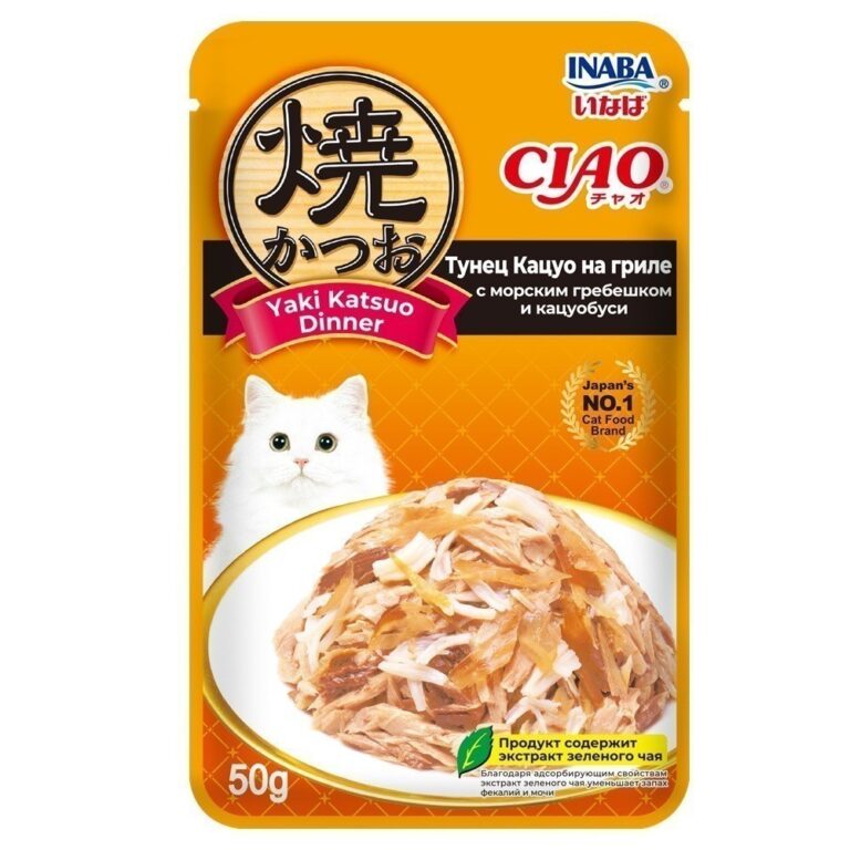 Корм для кошек INABA Ciao Yaki Katsuo Dinner Тунец Кацуо на гриле с морским гребешком и кацуобуси пауч 50г