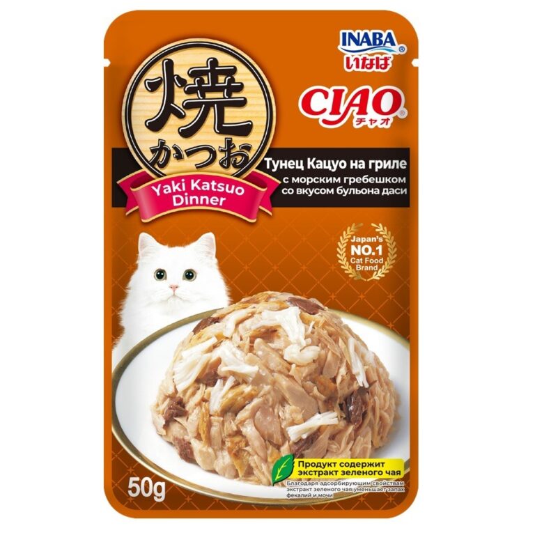 Корм для кошек INABA Ciao Yaki Katsuo Dinner Тунец Кацуо на гриле с морским гребешком со вкусом бульона даси пауч 50г