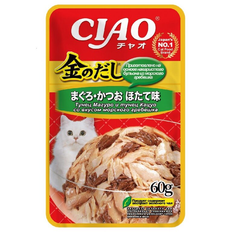Корм для кошек INABA Kinnodashi тунец Магуро с тунцом Кацуо и морским гребешком пауч 60г