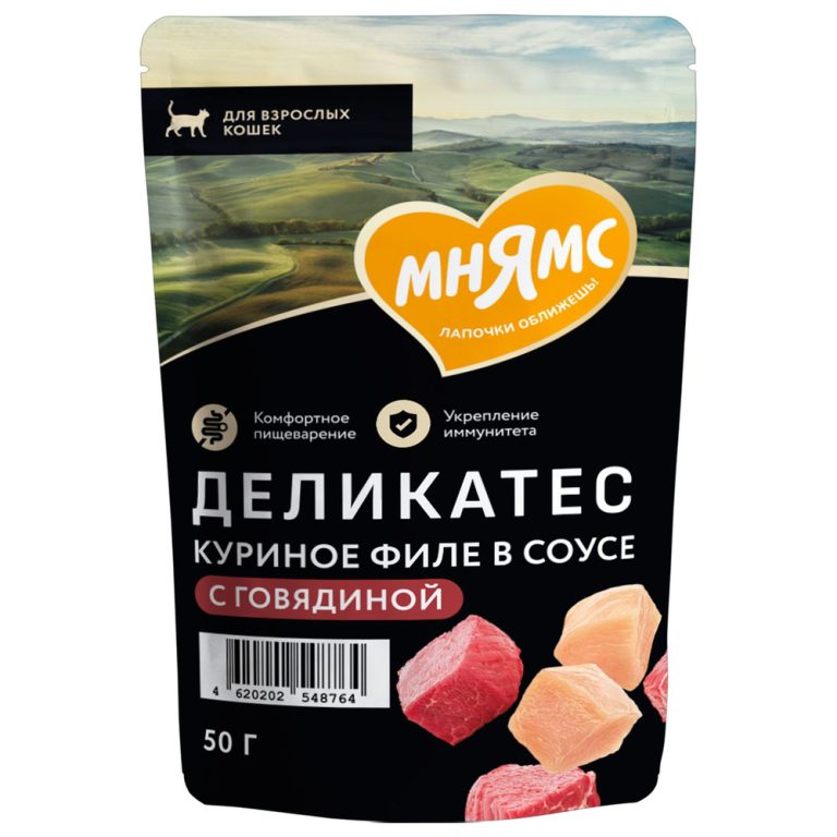 Корм для кошек МНЯМС Деликатес Куриное филе с говядиной в соусе пауч 50г Корм для кошек МНЯМС Деликатес Куриное филе с говядиной в соусе пауч 50г
