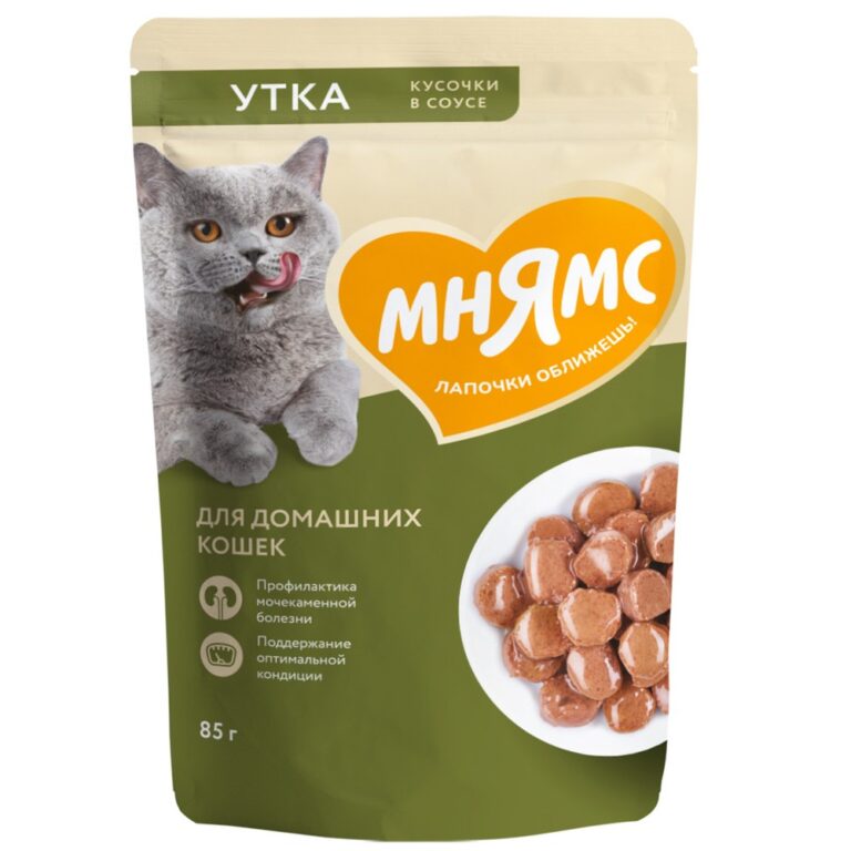 Корм для кошек МНЯМС для домашних, кусочки в соусе с уткой пауч 85г