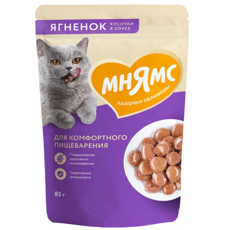 Корм для кошек МНЯМС для комфортного пищеварения, кусочки в соусе с ягненком пауч 85г Корм для кошек МНЯМС для комфортного пищеварения, кусочки в соусе с ягненком пауч 85г