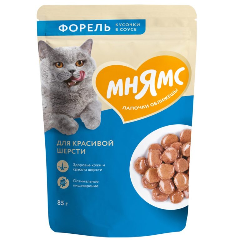 Корм для кошек МНЯМС для красивой шерсти, кусочки в соусе с форелью пауч 85г