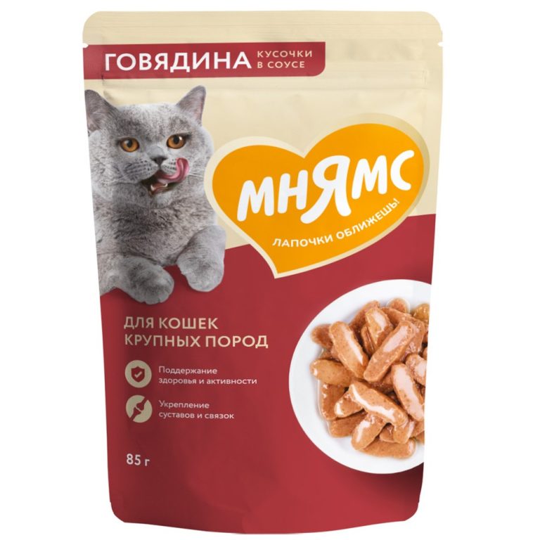 Корм для кошек МНЯМС для крупных пород, кусочки в соусе с говядиной пауч 85г Корм для кошек МНЯМС для крупных пород, кусочки в соусе с говядиной пауч 85г