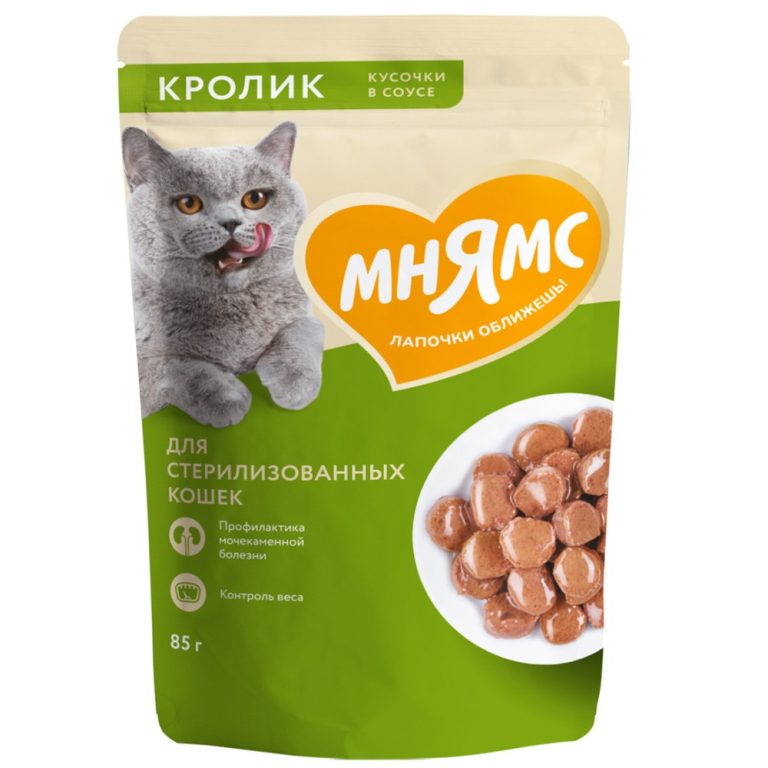 Корм для кошек МНЯМС для стерилизованных, кусочки в соусе с кроликом пауч 85г Корм для кошек МНЯМС для стерилизованных, кусочки в соусе с кроликом пауч 85г