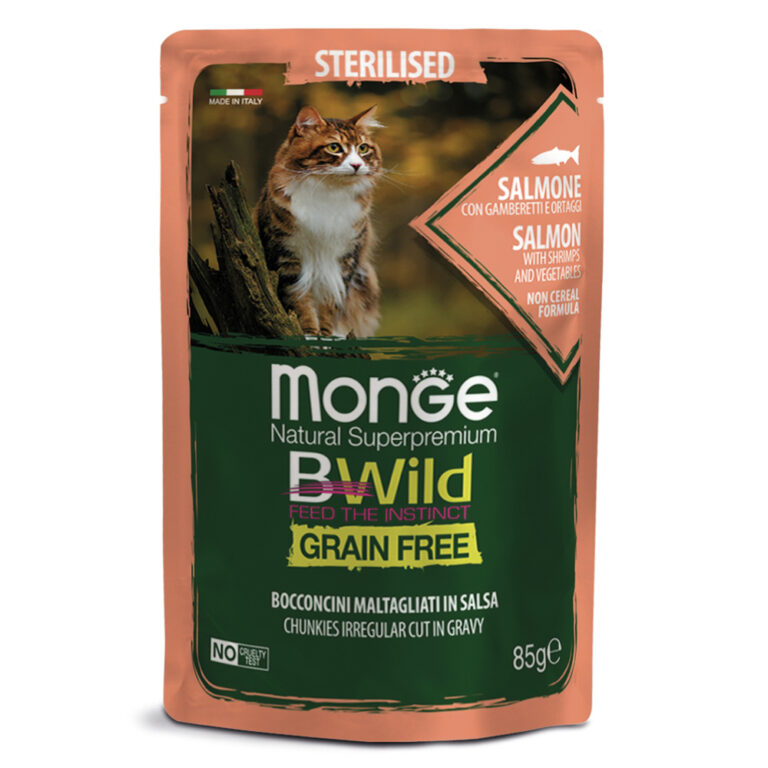 Корм для кошек Monge BWild Grain Free для стерилизованных, лосось с креветками и овощами пауч 85г — цена и наличие Корм для кошек Monge BWild Grain Free для стерилизованных, лосось с креветками и овощами пауч 85г