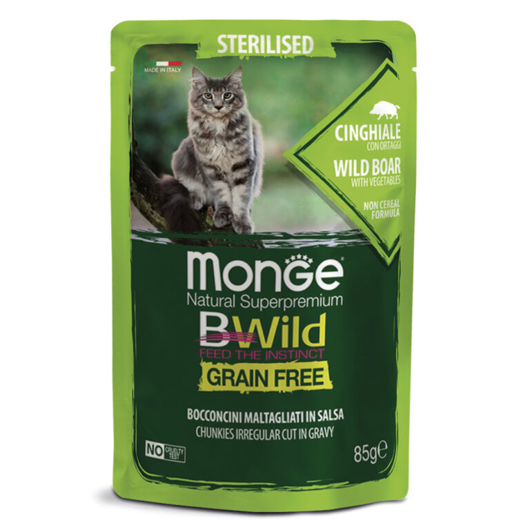Корм для кошек Monge BWild Grain Free для стерилизованных, мясо дикого кабана с овощами пауч 85г — цена и наличие Корм для кошек Monge BWild Grain Free для стерилизованных, мясо дикого кабана с овощами пауч 85г