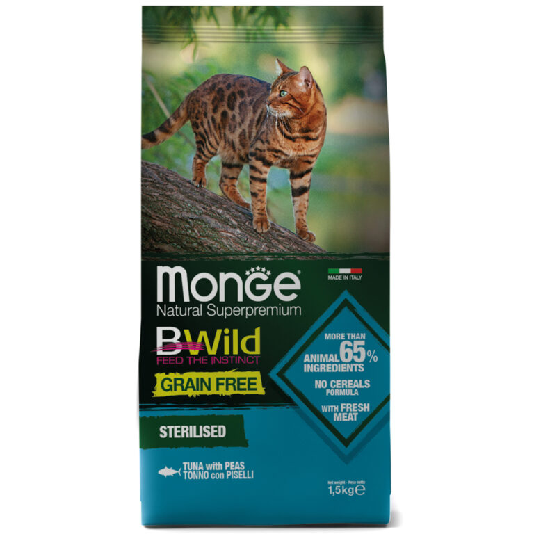 Корм для кошек Monge Cat BWild Grain Free для стерилизованных, тунец сух. 1,5кг — цена и наличие Корм для кошек Monge Cat BWild Grain Free для стерилизованных, тунец сух. 1,5кг