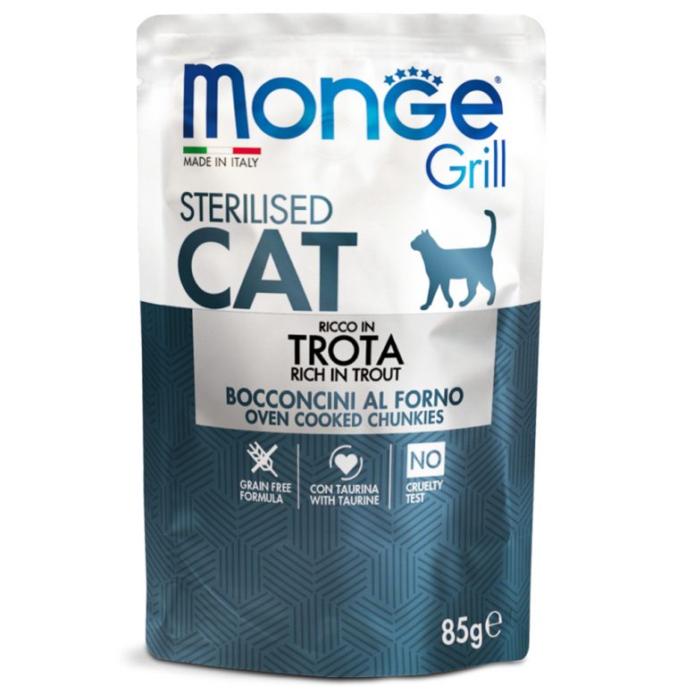 Корм для кошек Monge Cat Grill Pouch для стерилизованных кошек итальянская форель пауч 85г