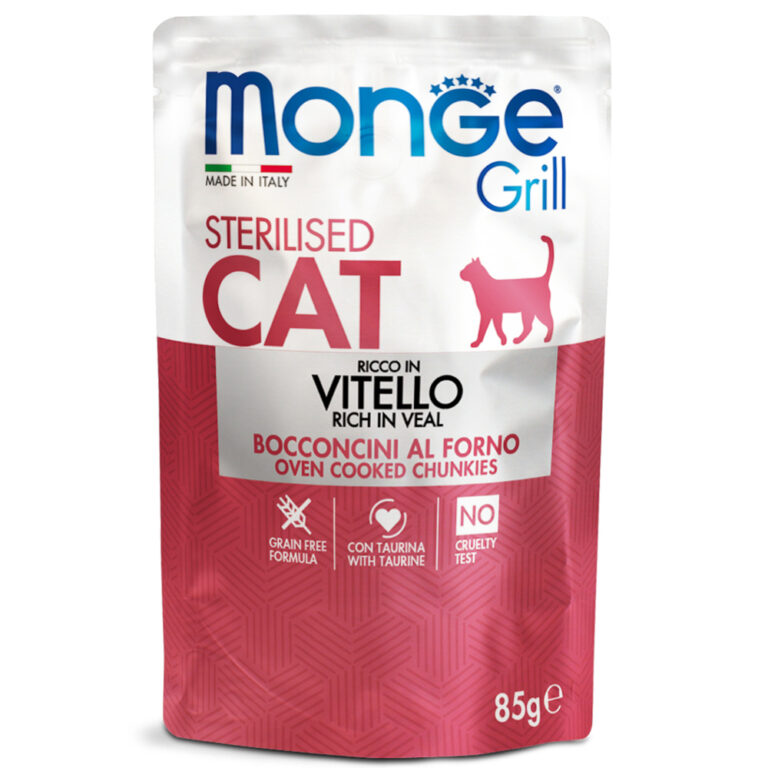 Корм для кошек Monge Cat Grill Pouch для стерилизованных кошек итальянская телятина пауч 85г — цена и наличие Корм для кошек Monge Cat Grill Pouch для стерилизованных кошек итальянская телятина пауч 85г