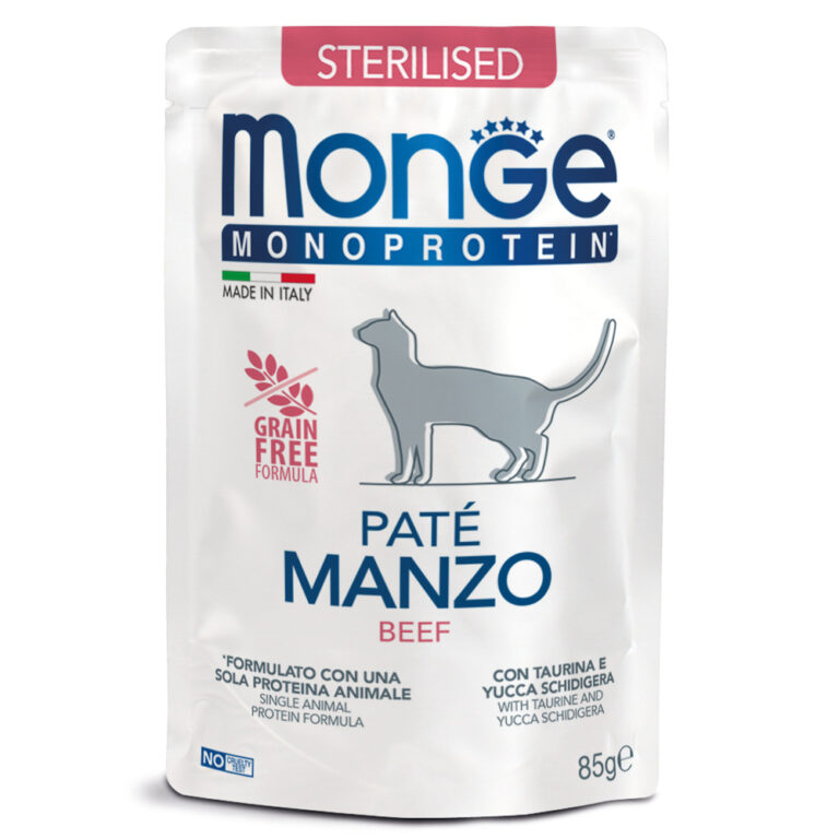 Корм для кошек Monge Cat Monoprotein для стерилизованных, из говядины, пауч 85г — цена и наличие Корм для кошек Monge Cat Monoprotein для стерилизованных, из говядины, пауч 85г