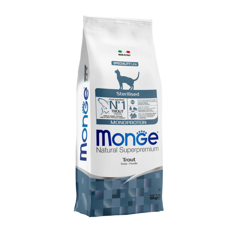 Корм для кошек Monge Cat Monoprotein Sterilised для стерилизованных, форель сух. 10кг — цена и наличие Корм для кошек Monge Cat Monoprotein Sterilised для стерилизованных, форель сух. 10кг