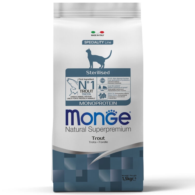 Корм для кошек Monge Cat Monoprotein Sterilised для стерилизованных, форель сух. 1,5кг
