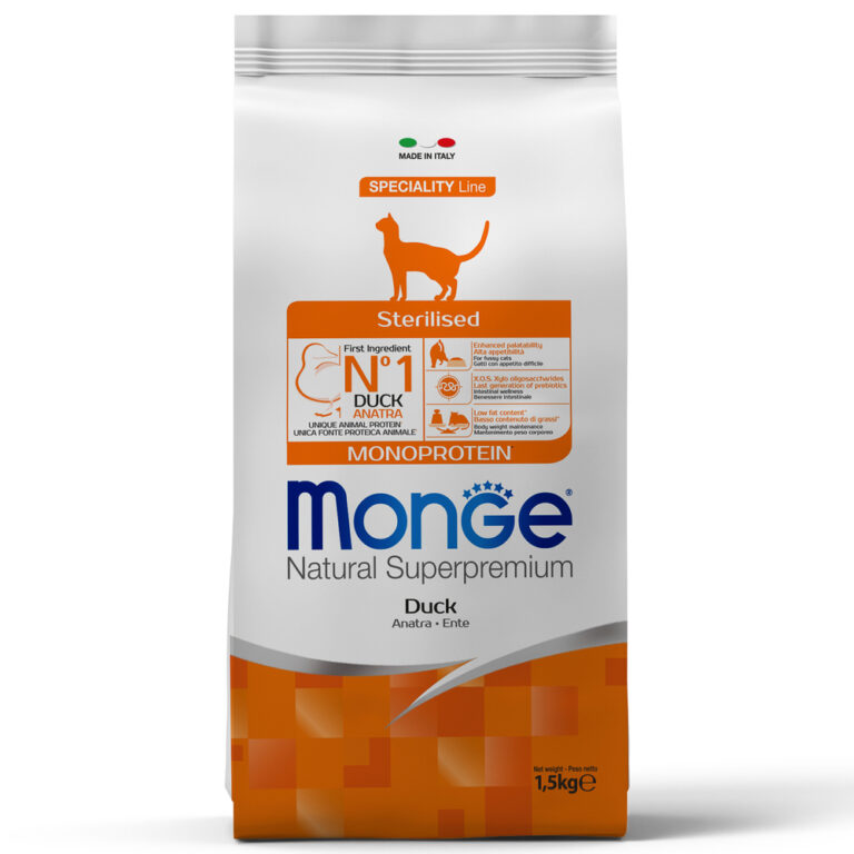 Корм для кошек Monge Monoprotein Sterilised Duck для стерилизованных, утка сух. 1,5кг — цена и наличие Корм для кошек Monge Monoprotein Sterilised Duck для стерилизованных, утка сух. 1,5кг