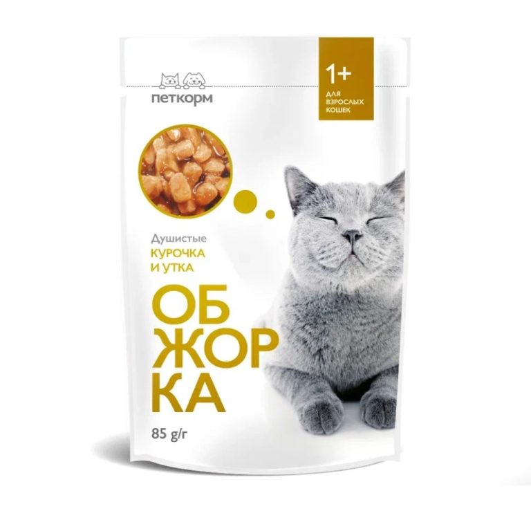 Корм для кошек ОБЖОРКА кусочки в соусе с курицей и уткой пауч 85г Корм для кошек ОБЖОРКА кусочки в соусе с курицей и уткой пауч 85г