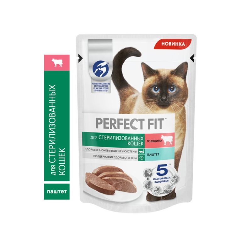 Корм для кошек PERFECT FIT для стерилизованных, паштет с говядиной пауч 75г