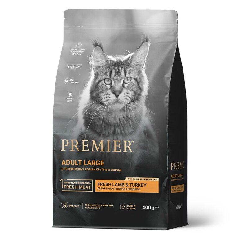 Корм для кошек PREMIER Cat Adult Large для крупных пород, свежее мясо ягненка с индейкой сух. 400г Корм для кошек PREMIER Cat Adult Large для крупных пород, свежее мясо ягненка с индейкой сух. 400г