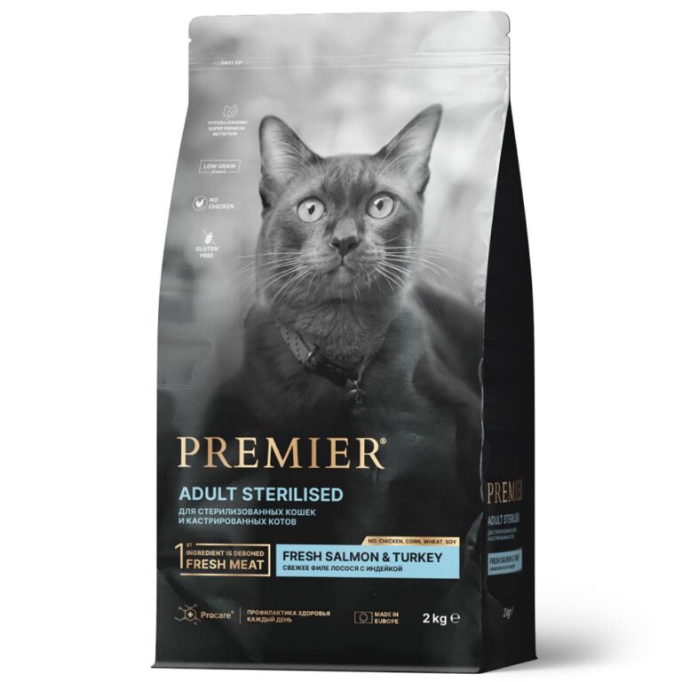 Корм для кошек PREMIER Cat для стерилизованных, свежее филе лосося с индейкой сух. 2кг — цена и наличие Корм для кошек PREMIER Cat для стерилизованных, свежее филе лосося с индейкой сух. 2кг