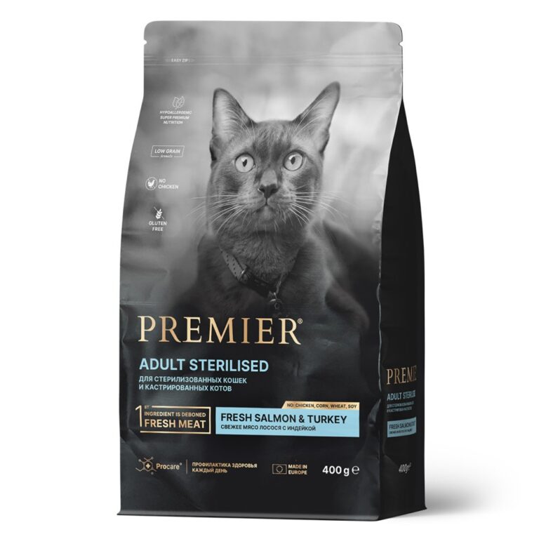 Корм для кошек PREMIER Cat для стерилизованных, свежее филе лосося с индейкой сух. 400г
