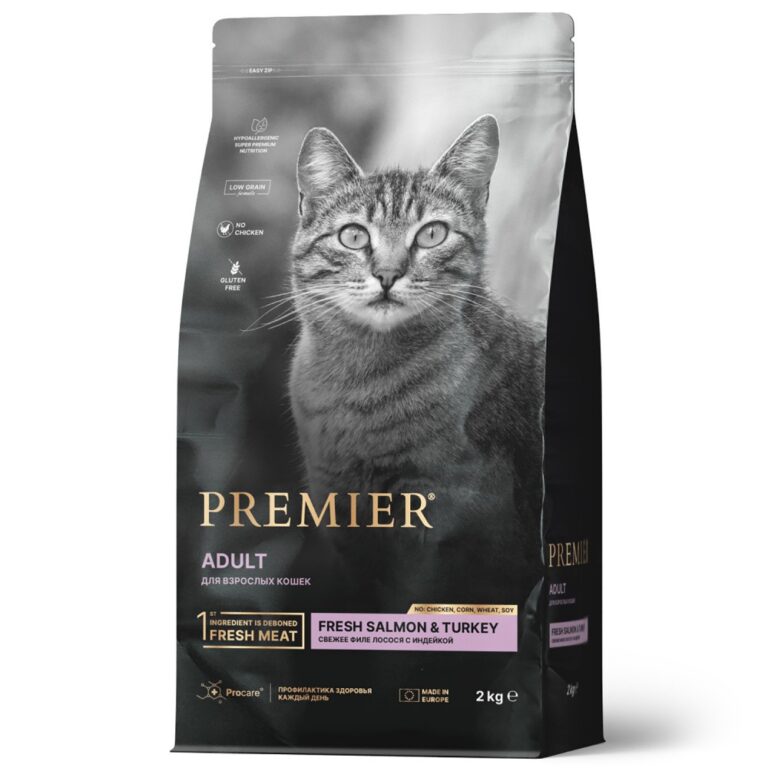 Корм для кошек PREMIER Cat Свежее филе лосося с индейкой сух. 2кг — цена и наличие Корм для кошек PREMIER Cat Свежее филе лосося с индейкой сух. 2кг
