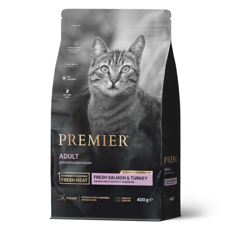 Корм для кошек PREMIER Cat Свежее филе лосося с индейкой сух. 400г — цена и наличие Корм для кошек PREMIER Cat Свежее филе лосося с индейкой сух. 400г