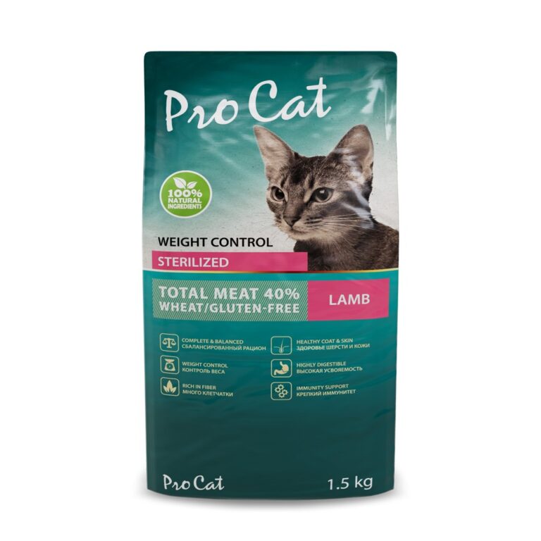 Корм для кошек Pro Cat для стерилизованных для поддержания оптимального веса, ягненок сух. 1,5кг — цена и наличие Корм для кошек Pro Cat для стерилизованных для поддержания оптимального веса, ягненок сух. 1,5кг