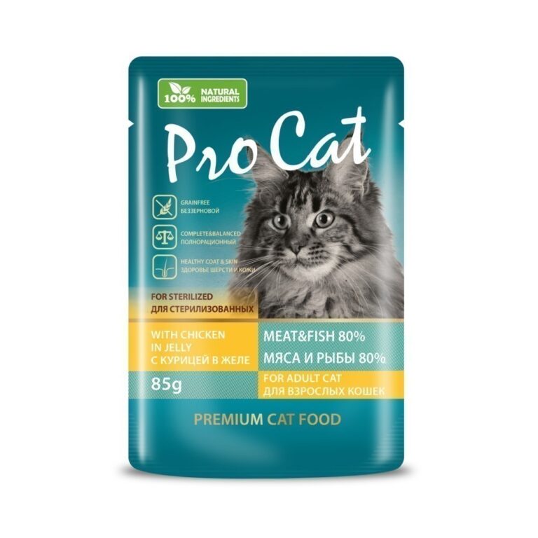 Корм для кошек Pro Cat для стерилизованных для здоровья кожи и шерсти, с курицей в желе пауч 85г — цена и наличие Корм для кошек Pro Cat для стерилизованных для здоровья кожи и шерсти, с курицей в желе пауч 85г