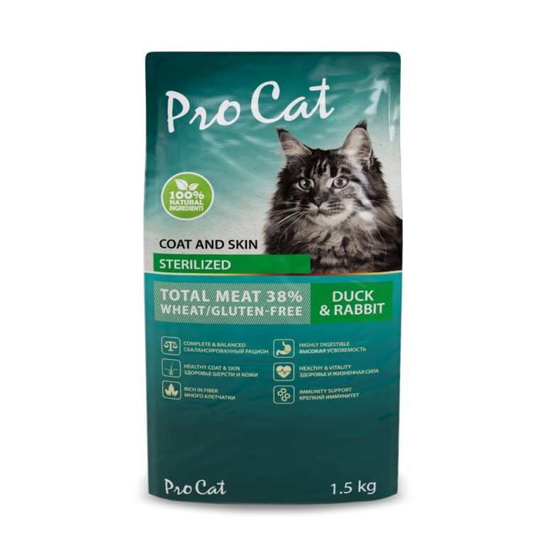 Корм для кошек Pro Cat для стерилизованных для здоровья кожи и шерсти, утка с кроликом сух. 1,5кг — цена и наличие Корм для кошек Pro Cat для стерилизованных для здоровья кожи и шерсти, утка с кроликом сух. 1,5кг