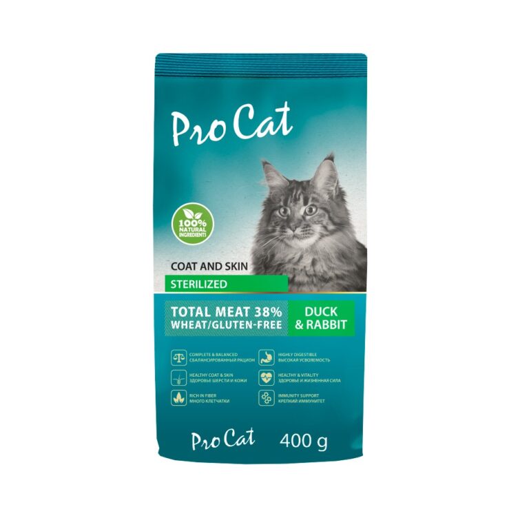 Корм для кошек Pro Cat для стерилизованных для здоровья кожи и шерсти, утка с кроликом сух. 400г Корм для кошек Pro Cat для стерилизованных для здоровья кожи и шерсти, утка с кроликом сух. 400г