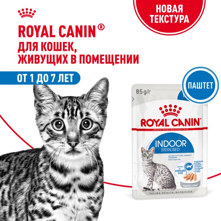 Корм для кошек ROYAL CANIN Indoor Sterilised для кастр. и стерил. живущих в помещ., паштет пауч 85г Корм для кошек ROYAL CANIN Indoor Sterilised для кастр. и стерил. живущих в помещ., паштет пауч 85г