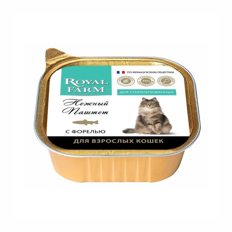 Корм для кошек ROYAL FARM Нежный паштет для стерилизованных с форелью ламист. 100г Корм для кошек ROYAL FARM Нежный паштет для стерилизованных с форелью ламист. 100г