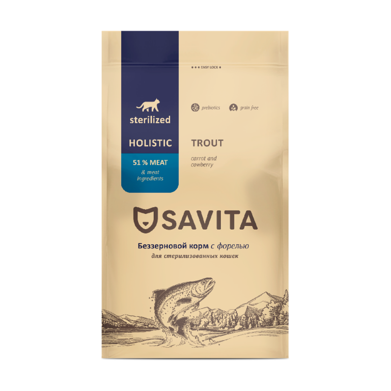 Корм для кошек SAVITA Беззерновой для стерилизованных, форель сух. 400г Корм для кошек SAVITA Беззерновой для стерилизованных, форель сух. 400г