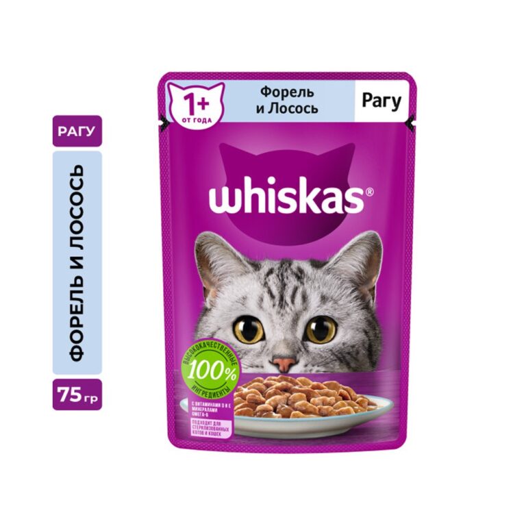 Корм для кошек Whiskas форель, лосось рагу пауч 75г — цена и наличие Корм для кошек Whiskas форель, лосось рагу пауч 75г