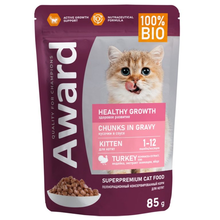 Корм для котят AWARD Healthy growth от 1 месяца, кусочки в соусе с индейкой пауч 85г