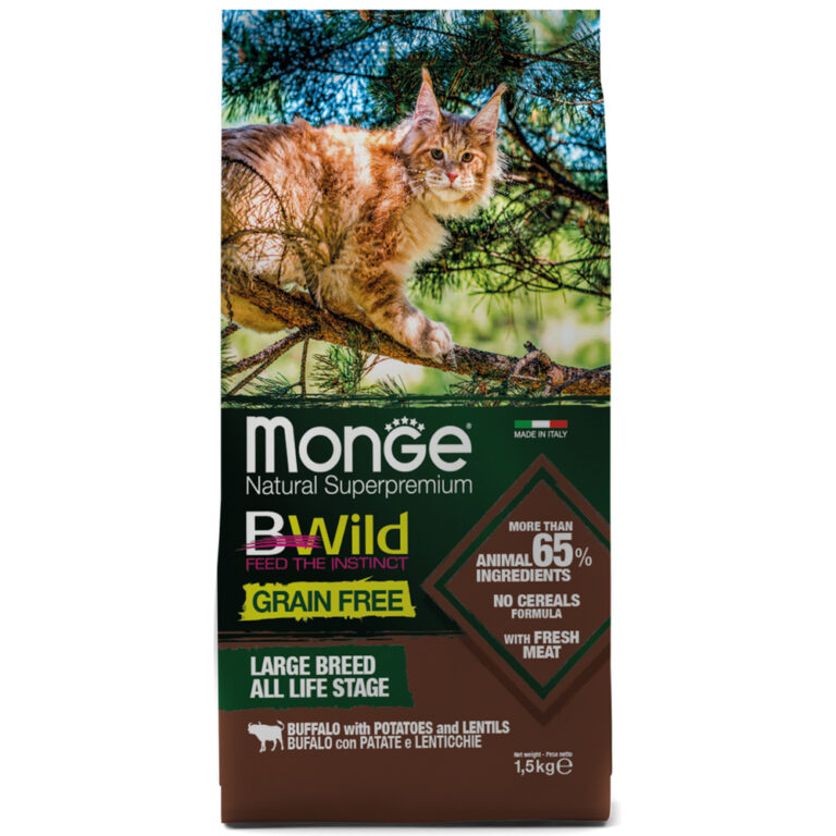 Корм для котят и кошек Monge Cat BWild Grain Free для крупных пород, мясо буйвола сух. 1,5кг Корм для котят и кошек Monge Cat BWild Grain Free для крупных пород, мясо буйвола сух. 1,5кг