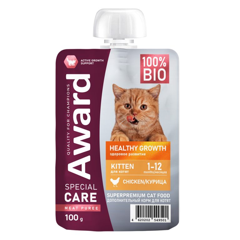 Корм для котят от 1 месяца AWARD Special Care дополнит. пюре из мяса курицы пауч 100г